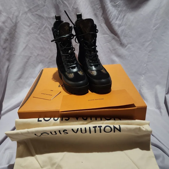 Louis Vuitton Black Monogram Lace-Up Platform Boots - Picture 5 of 9